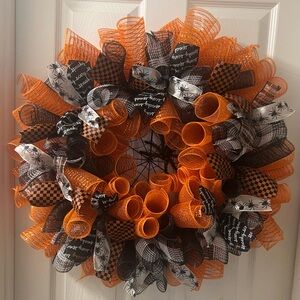 Halloween, spiderweb, orange and black ribbon and mesh wreath